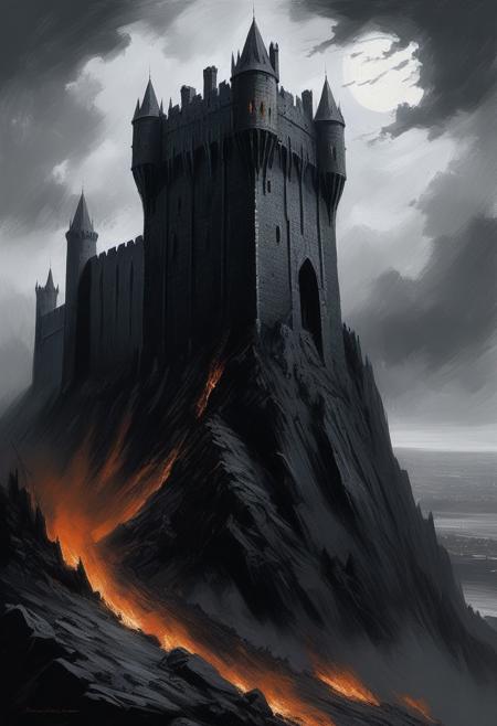 impressionist painting with rough brush strokes, broad strokes mixed with detailed penciling,
wall upon wall, battlement upon battlement, black tower of adamant, Barad-dr, Fortress of Sauron