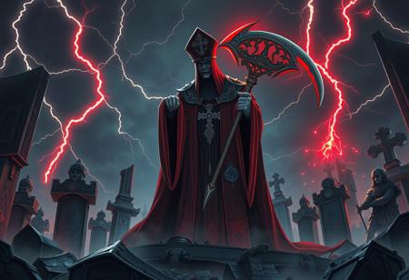 Create a highly detailed, 8K resolution, cinematic sci-fi artwork depicting an evil Catholic priest with an axe, inspired by Warhammer 40k, anime, and art nouveau styles, set in a grave or mausoleum environment with a black and red color scheme, intricate scythe design, and dramatic lightning and aurora effects. The piece should evoke a sense of futurism and science fiction, with influences from Rob Liefeld, Dan Mumford, Alphonse Mucha, Tsutomu Nihei, and Zdzisław Beksiński.