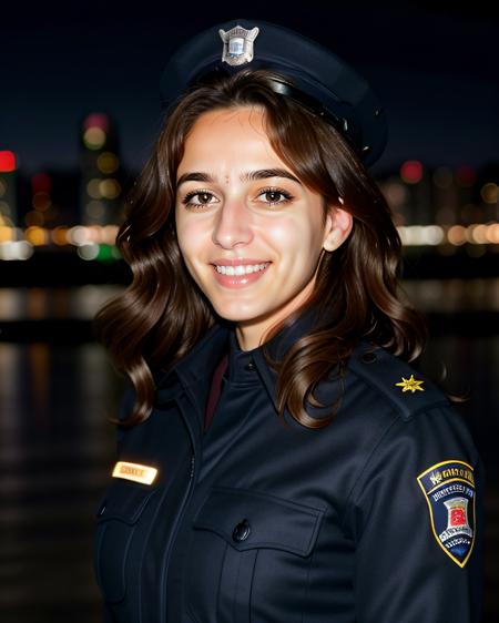 professional portrait photo of a 30-year-old woman, desilatte, conservatively dressed in NYPD Police uniform, smiling expression, solo, anatomically accurate, night time, city bokeh lights   <lora:Desi_Coffee_V3_SD15_LoRA_prodigy_local_regs:0.8>
