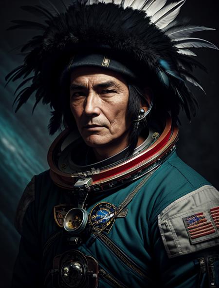 <lora:LowRa:0.6> dark
an old chieftainman, (astronaut outfit:1.2), feathers headdress, medium shot