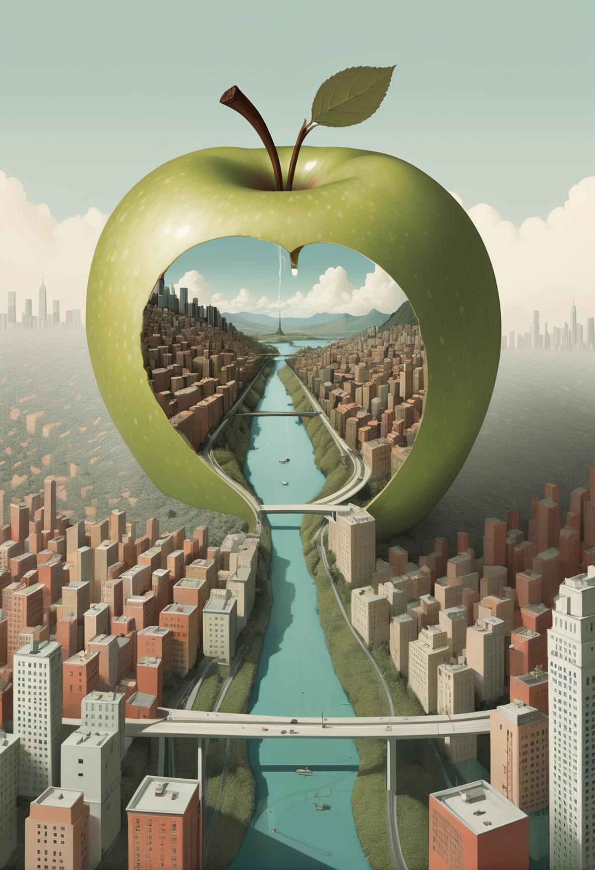 A large green apple with a city scene inside it.