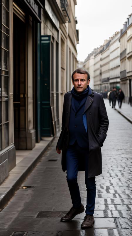 Emmanuel Macron, full body in frame, empty street, European old man as a very poor man, beggar, ragged dirty clothes, begging in Paris, walking in a very dirty street, dirty city, crying in pain, whole body, detailed background, highly detailed face, extremely detailed, high quality, best quality, looking at viewer