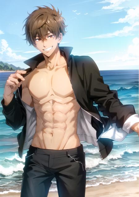 kirishima natsuya\(free!\), solo, 1boy, ;D, hair between eyes, looking at viewer, brown eyes,  brown hair, male focus, grin, male face, black jacket, black pants, topless male, open clothes, open jacket, abs, navel, toned, toned male, ocean, beach,