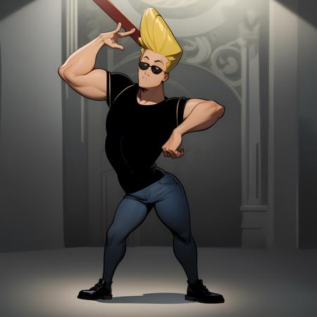 ((masterpiece, best quality)),(complex lighting), solo, full body, 1boy, johnny bravo, dark sunglasses, black shirt,  <lora:johnnyBravo1-10:0.6>, denim pants, flat color,