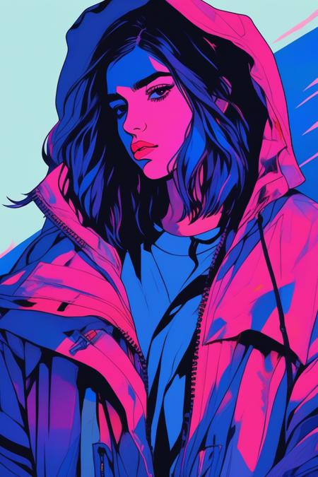 illustrator, anime style , minimalism style, Dua Lipa,  portrait, Windbreaker, pepperoni, Biosphere, DayGlo hair, Rafael Albuquerque, Deep, shadowy eyes, textured shading, Intense emotional depth, Captivatingly eerie presence, Camping, (masterpiece,best quality)