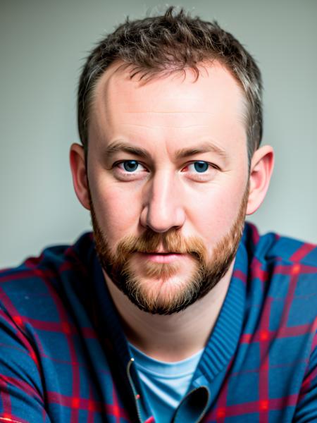 RAW photo of (AlexHorne:0.99) a man, wearing a blue sweater, with a plaid collared shirt peeking out underneath , detailed face, realistic skin, high quality, (blue eyes:1.1), Leica 50mm, f1. 4, natural light, grainy, (high detailed skin:1.2), high detail