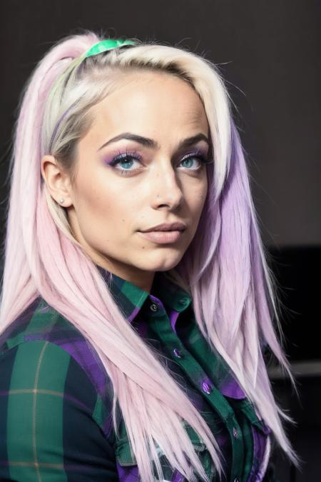 (Masterpiece Photo:1.3) of (Ultrarealistic:1.3),(Happy:1.3) livm1 wearing checkered purple and green shirt and blue jeans staring at the viewer, (checkered purple and green shirt), (blue jeans),Highly Detailed,(close portrait:1.3),(Feminine:1.4),(beautiful:1.4),(attractive:1.3),calendar pose,perfectly detailed eyes,studio lighting,thematic background