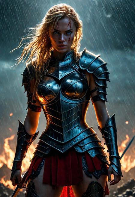 Ultra detailed digital art masterpiece Warrior girl dressed in a iron Armor and red mini skirt, Standing on a battlefield at the head of an army of knights, where a bloody slaughter is taking place, standing in battle pose, a dark epic fantasy, perfect lighting, beautiful Sadie Sink as Warrior girl, attractive woman, elegant, beautiful woman of athletic body,  epic shot of the whole Warrior girl, unreal engine 5 nanite quality, dark fantasy, dark environment, very stormy day, LOTR style, dark washed out eyeliner, no make up, natural bloody pale face, realistic blue eyes, ultra detailed atmospheric details, beautiful glowing effects, sparkle effects, realistic body proportions, beautiful face proportions, complex masterpiece, wavy blonde hair, creative glowing detailed tattoos, complex physics, enhanced colors, complimentary colors, ultra detailed raytracing reflections, Ultra detailed complex background, environment feels alive, direct eye contact, dramatic lighting, wet and sweaty skin, beautiful firm Breasts, Daylight, Concept art by Greg Rutkowski, adding to the intense and dynamic atmosphere of the scene.