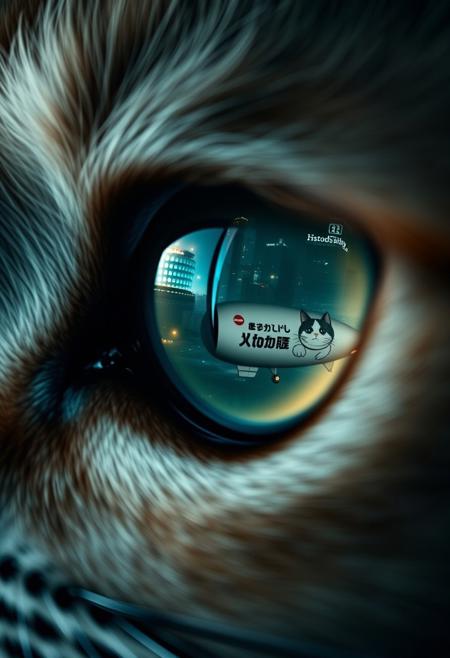 extreme close up portrait of a cat's eye reflecting the a futuristic Tokyo skyline at night from a very high level, the skyline is with futuristic skyscrapers and futuristic transports and futuristic aircraft and spaceships in a variety shapes and sizes, the airships covered with lights and advertisements in Japanese,  reflecting in the cat's eye is a huge airship that has an advertisement with a Japanese cat on the side, the cat's eye has takes up 85% of the image