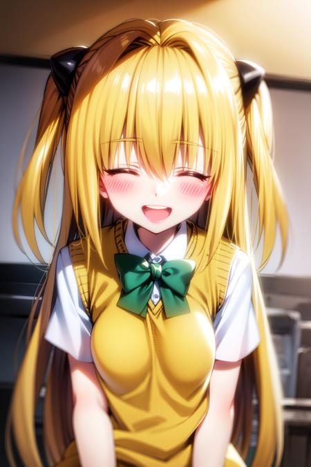 1girl, long hair, closed eyes, bow, open mouth, two side up, green bowtie, smile, solo, sainan high school uniform, upper body, green bow, konjiki no yami, sweater vest, bowtie, short sleeves, blonde hair, white shirt, shirt, :d, school uniform, blush, striped, hair intakes, eyebrows visible through hair, striped bow, hair between eyes, striped bowtie, shiny, shiny hair, bangs