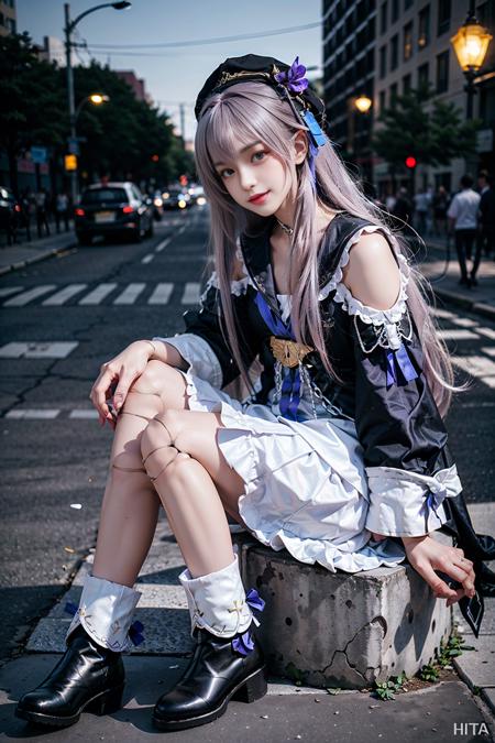 best quality, masterpiece, realistic, (photorealistic:1.4), 1girl, solo, full body, smile, herta cosplay costume, cosplay, long purple hair, doll joints, joints, ankle boots, hat, sitting, in street, night, <lora:herta_cosplay_costume_v1:0.65>