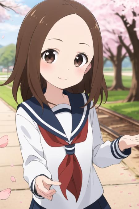 <lora:chii:0.7> chii, 1girl, solo, brown hair, parted bangs, forehead, brown eyes, blush, smile, serafuku, sailor collar, red neckerchief, blue skirt, looking at viewer, long sleeves, sunlight, outdoors, tree, cherry blossoms, petals, turning head,