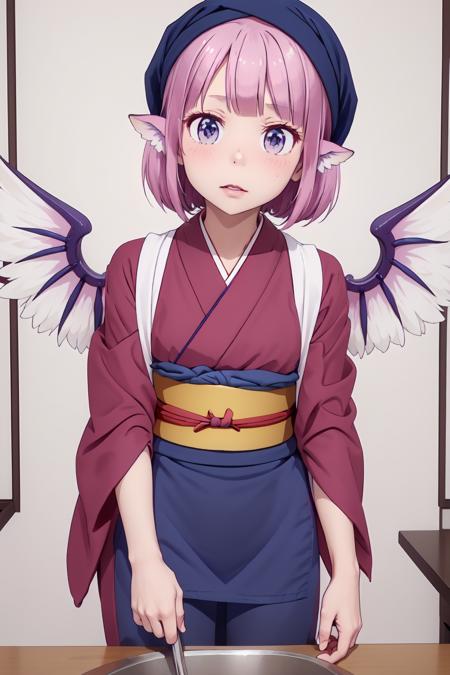 animal_ears, (sash code:1.3), (white_tasuki wings:1.1), (okamisty:1.5), (mystia lorelei:1.2), lips, (maroon_kimono:1.4),  (blue headscarf:1.5), (indigo blue_apron:1.2), (pink hair:1.2), <lora:oka_mysty2:0.1>, <lora:New GAME:1>