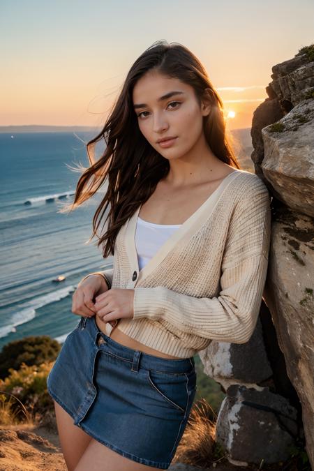 a(upper body focus) photograph of (1girl, 24 years old, slight smile, solo, realistic, <lora:ZH_Em1lyW1ll1s_v1SD15:0.9>, zh_em1lyw1ll1s, long hair, brown eyes, looking at viewer, lips, flat chest), wearing (cardigan, top and flair skirt)