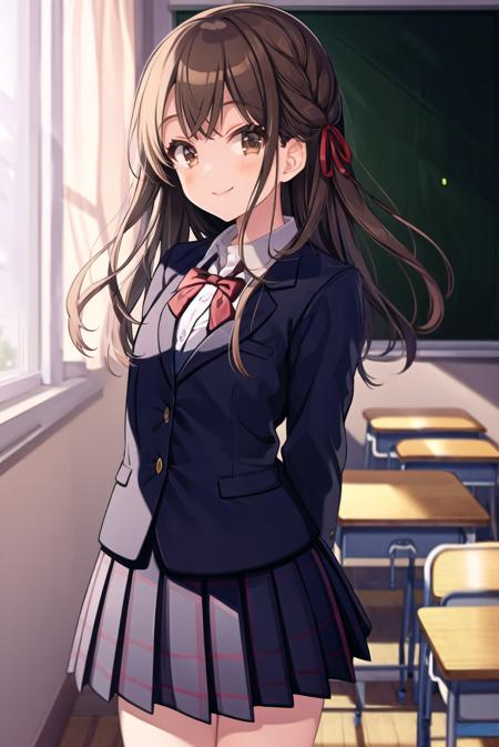 <lora:shigure:1>1girl, solo, skirt, classroom, ribbon, plaid, smile, wind, curtains, indoors, jacket, blazer, bow, desk, chair, chalkboard, flower, bowtie, window, shirt, school, school uniform, long hair, arms behind back, plaid skirt, hair ribbon, brown hair, pleated skirt, looking at viewer, school desk, red ribbon, brown eyes, long sleeves, cowboy shot