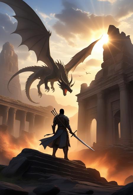 score_9, score_8_up, score_7_up, score_6_up, score_5_up, silhouette of a soldier before a sword on the ruins of a destroyed temple, with a dragon flying in the sky. the sky with thick gray clouds while rays of sun filter through the clouds, the dragon in the distance has its wings spread,, title of the book in the middle and almost at the edge of the top The text "last kingdom of Astrian" "Hunting in Wintherfall". name of the author at the bottom of the title The text "by: Giancarlos Alegria"