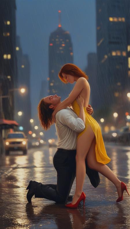 An oil painting of a couple in a deep, intimate dip in a twilight cityscape. The woman leans back dramatically, her yellow dress clinging to her body and cascading to the ground, the high slit revealing her long, elegant legs. Her red heels barely touch the rain-soaked pavement as her auburn hair spills toward the ground. The man, strong and poised in a fitted white shirt and dark trousers, holds her firmly with one arm around her waist and the other supporting her back. Their faces are close, their passion palpable, while the glowing city skyline in the background adds cinematic magic to the scene