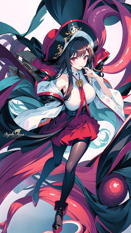 masterpiece, best quality,royalfortune(azur lane), 1girl, red eyes, tentacles, torn clothes, pantyhose, breasts, black hair, red skirt, book, jacket, solo, skirt, black jacket, torn pantyhose, boots, sleeveless, white shirt, shirt, long hair, standing, looking at viewer, hat, open clothes, bare shoulders, black pantyhose, full body, black headwear, belt, open jacket, off shoulder, high heels, pirate hat, <lora:RoyalFortune-000007:0.8>  <lora:GoodHands-vanilla:1>, scenery, background,