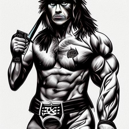 a portrait of a (huge muscled man: 1.3) holding a big sword, shirtless, very long black hair, focus on face, hyper realistic, detailed jungle background, mesoamerican setting, art by trInkdBer