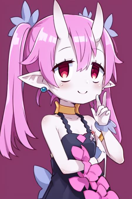 bieko,pink hair, oni horns,pointy ears ,colored skin ,red eyes ,twintails, upper body, 
BieDress, purple sleeveless dress with flowers, jewelry,bare shoulders, 
hair ornament, wrist cuffs, sandals, 
standing,smiling,
outer space, dtars, 
(insanely detailed, beautiful detailed face, masterpiece, best quality)    <lora:bieko:0.7>,