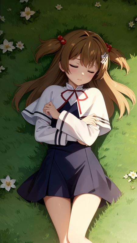 (masterpiece, best quality), ray tracing, absurdres,Jimeko-san, 1girl, solo, sleeping, two side up, hair ornament, school uniform, closed eyes, grass, hair bobbles, long hair, lying, brown hair, dress, on back, white capelet, capelet, blue dress, <lora:Jimeko-san_v2:0.8>