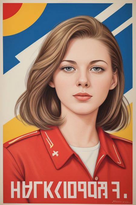 Soviet propaganda, 1980s, high quality drawing, stylized, cold war, propaganda artwork, war poster, victory poster, triumphant, USSR, soviet union, communism, cyrillic text, jilli@n_$pektre, youthful, cute face, beautiful eyes, beautiful, strong, looking to future, sunrise, best quality, best aesthetic
