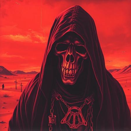 Dark art depicting an cloaked ominous 90's hip-hop zombie rapper in style from the 70s-style pulp paintings cripwalking  in a red mystical desert, The sky is red and otherworldy. The monks grinning skeletal face is barely visible. Duotone: Burnt orange and deep plum. Mood: Occult ritual meets 80's crinkled concert poster art style. Grim reaper, doom metal-style, gritty, desert ritual, tales from the crypt