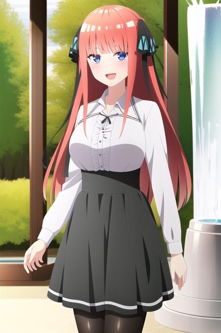 (masterpiece), high quality, (detailed background:1.3), 1girl, solo,
<lora:NakanoNino-v2-06:0.7>, ChopioNino, long hair, red hair, shiny hair, blunt bangs, black hair ribbon, hair ribbon, blue eyes, (looking at viewer:1.3),
mature female, large breasts,
(outfit_2:1.5), (frilled shirt:1.2), long sleeves, high-waist skirt, (white shirt, black skirt, black pantyhose:1.2),
park, trees, stone floor, water fountain, sunny, light rays, lens flare, depth of field, bokeh,
standing, happy, open mouth,