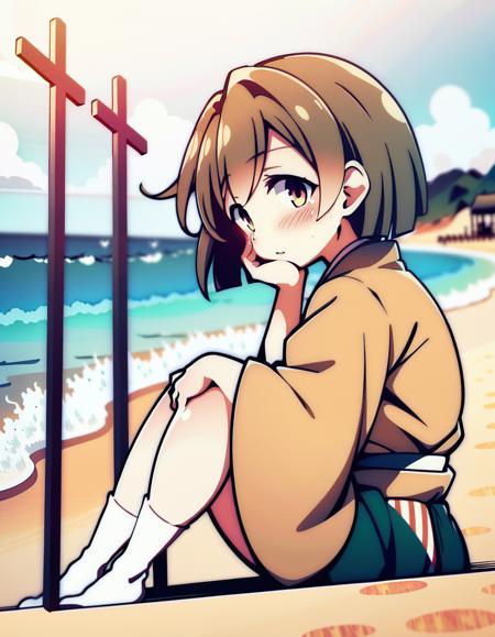 dynamic angle, masterpiece, best quality, photorealistic, chibi illustration cg, solo, looking at viewer, feet out of frame view of 1girl facing viewer over a detailed illustration of a beach, hiryuuchan, (one side up:1.22) brown hair, brown eyes, orange kimono with wide furisode sleeves, cute, pixiv, best lighting, finely detailed eyes, depth of field, Japanese clothing, white socks, japanese geta sandals, large breasts, (red stripes:0.9) <lora:hiryuu_counterfeitxla_1-10:0.7>
BREAK green hakama, hakama short skirt, miniskirt,