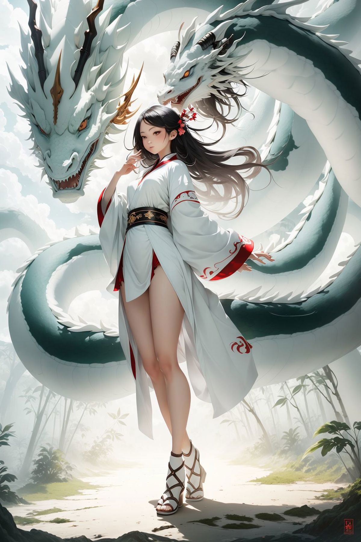 A Japanese girl in a white kimono standing in front of a giant dragon.