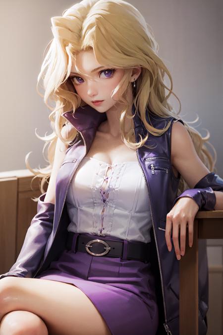 (masterpiece, best quality:1.2), <lora:yugioh_valentine-10:1>, solo, 1girl, mai valentine, serious, closed mouth, looking at viewer, sitting, crossed legs, purple sleeveless jacket, detached sleeves, purple skirt