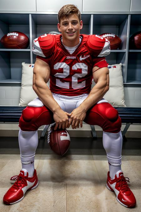 in an American football locker room, sitting on a bench, legs spread open, RenoGold, American football player wearing American football uniform, American football shoulder pads, ((red jersey)), jersey number 12, (white football pants and pads), white socks, black sneakers, smiling, masterpiece, (((full body portrait))), full body shot  <lora:RenoGold-000007:0.8>