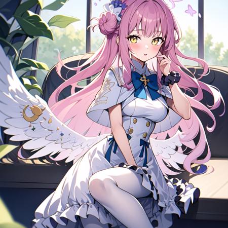 1girl, mika (blue archive), solo, yellow eyes, wings, dress, halo, white pantyhose, pink hair, wrist scrunchie, white dress, pantyhose, flower, scrunchie, hair bun, long hair, single side bun, looking at viewer, hair ornament, bow, blue bow, capelet, feathered wings, hair flower, low wings, breasts, white wings, frilled dress, bangs, frills, blush, parted lips, white capelet, angel wings, medium breasts, sitting, blue bowtie, bowtie