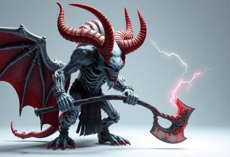 Create a highly detailed, hyper-realistic 3D model of a Skull Archfiend of Lightning demon, inspired by the minotaur from Path of Exile and the stylistic influences of American Gods and Reaper Minis. The demon should have chalk white skin, red horns, and be holding an axe. The desired style should be a mix of medieval and dark fantasy, with vibrant colors and dynamic lighting. The model should be rendered in high definition (4K) with a 50mm lens, featuring cinematic lighting, rim light, and realistic water and saturated cloud effects. The background should be a white or light-colored surface with subtle shadows. Please use a golden ratio composition and ensure that the model is posed in a dramatic, dynamic way. Incorporate micro details and lifelike textures to create a highly realistic and immersive scene.