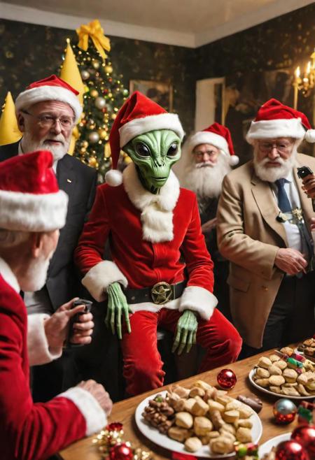 rosewell alien at a party with military world leaders and santa, yellow christmas hats, shooting presents, hyperdetailed photography, cinematic lighting
