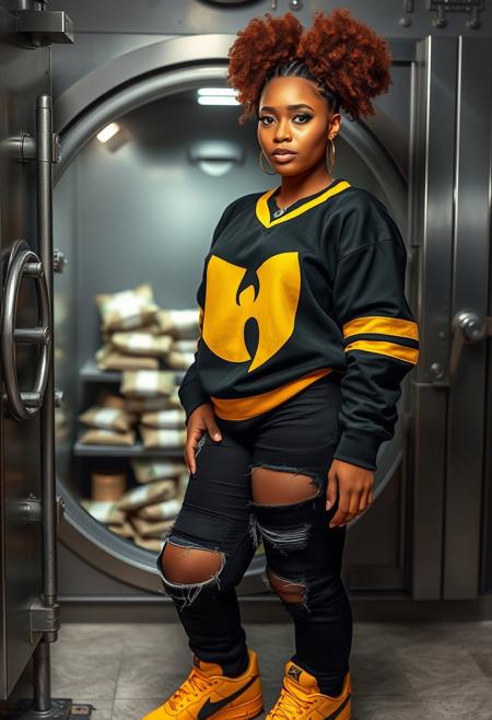 beautiful honey brown lady, (freckles), full lips, brown hazel eyes, cute amber afro puffs, dark makeup, hyper detailed photography, Cinematic 8k, full body portrait, big titties, wide hips, massively thick thighs standing in front of an open bank vault. Piles of money and bags of coins can be seen inside the vault. She wears stylishly ripped black jeans and a black hockey jersey with a yellow Wu-Tang Clan logo on the chest. She wears yellow and black Nike Air Force One sneakers.