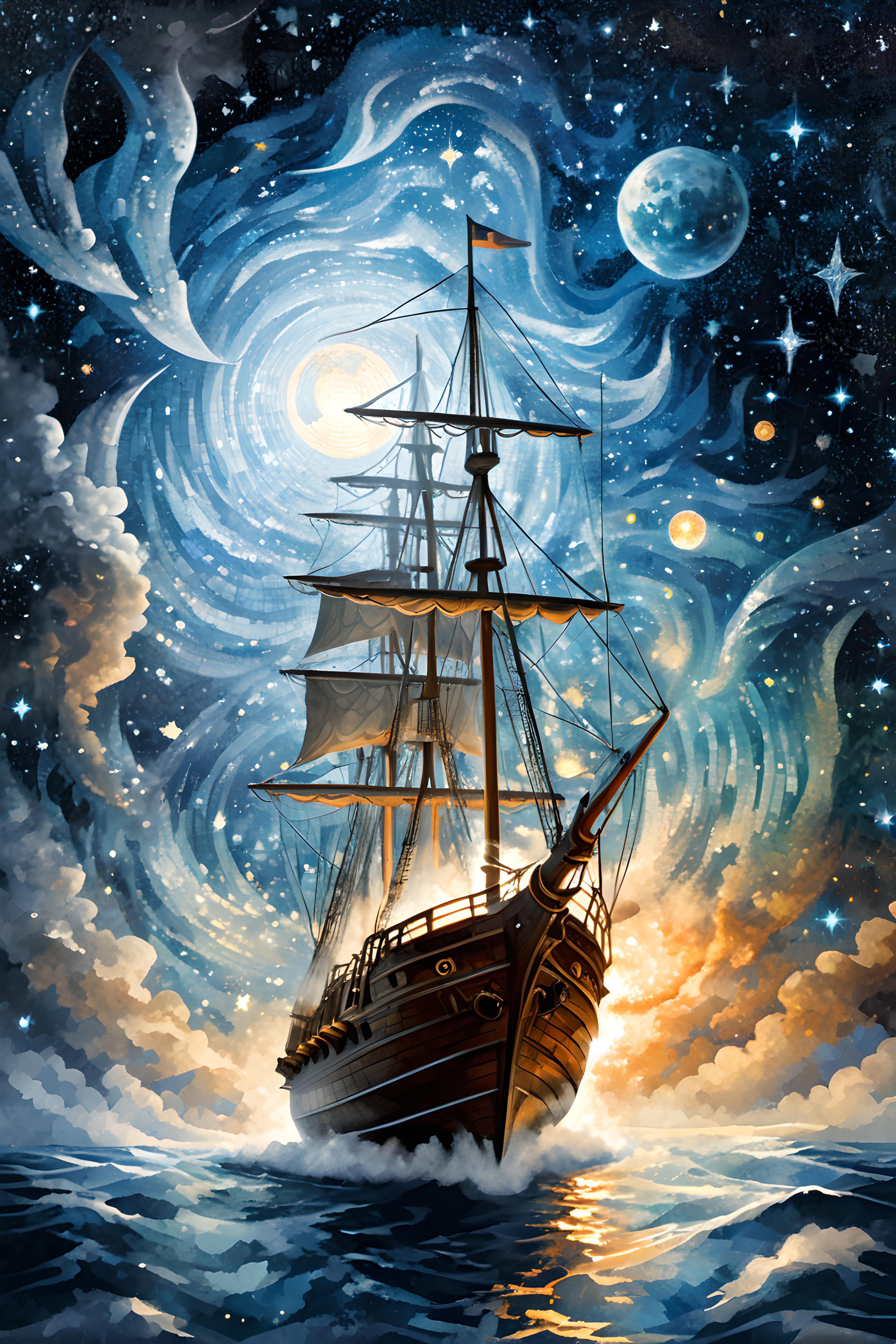 A majestic sailing ship with a bright starry night sky in the background.