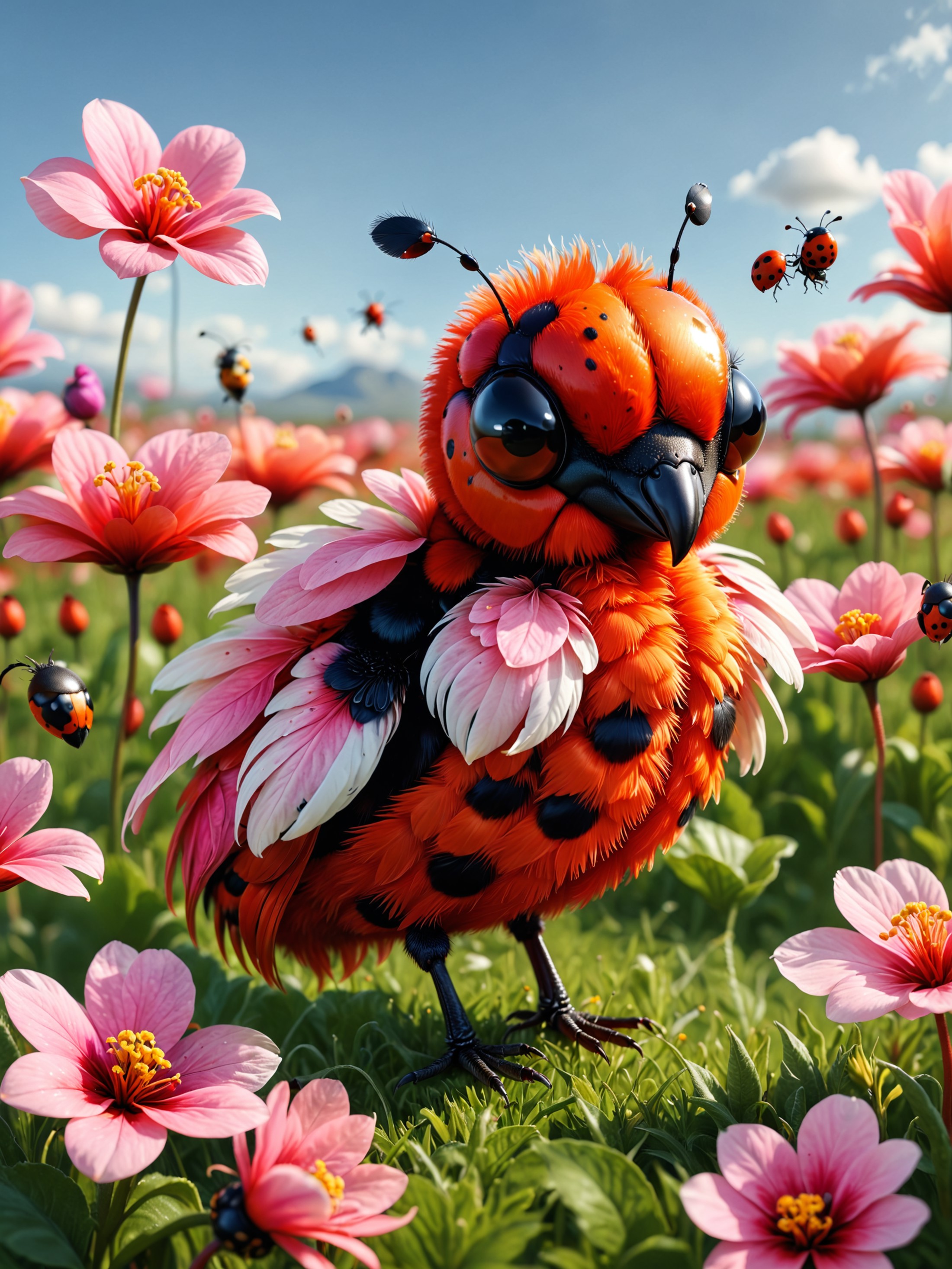 An adorable ladybug flamingo hybrid creature with  flower petal-like feathers in a field of pink and red flowers, hyperrea...