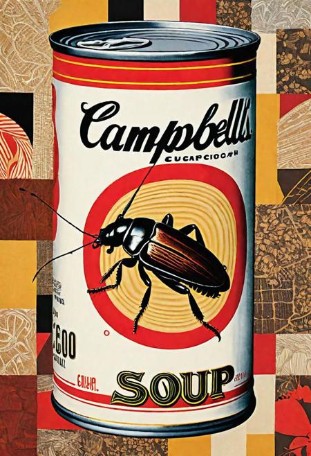 Campbells Soup can (cockroach and beetle flavor), detailed background, mixed media collage, abstract,geometric,fine lines,duotone,expressive,patchwork