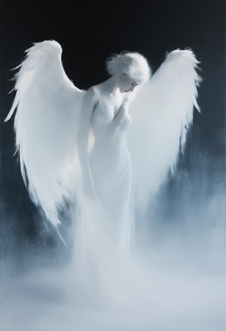 A banished female angel, ethereal silhouette against a smooth, obsidian black background. The composition emphasizes clean linear forms and gentle, echoing curves, evoking a sense of melancholic grace and restrained power. Shimmering, diffused white light subtly highlights the angel's form, creating a soft, almost imperceptible glow. Minimalist in execution, yet rich in emotional depth. Impressionistic brushwork suggests movement and a whisper of sorrow, a fusion of stark minimalism and evocative light. Focus on balance and uniformity of form, reminiscent of a forgotten dream, dynamic position.