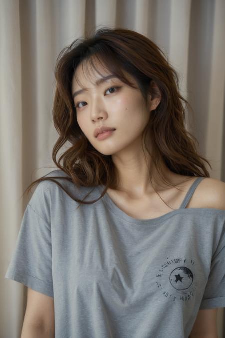 (HD, masterpiece, best quality, hyper detailed, ultra detailed, super realistic),A close-up captures the essence of a 22-year-old Thai woman with long, wavy golden-brown hair. She is wearing an oversized gray T-shirt that slides off her right shoulder, revealing a delicate crescent moon and stars tattoo etched on her skin. Her gaze meets the camera with a soft, dreamy expression, evoking a sense of tranquility. The shot is taken from a high angle, allowing the gentle billow of curtains in the background to enhance the romantic atmosphere. The focus is directed on her small tattoo, her relaxed yet confident demeanor, and the texture of her oversized shirt, all bathed in soft, diffused lighting that enriches the mood., jpn-girl, SDXL Sexy clothing collection, Movie Still, Film Still, Cinematic, Cinematic Shot, Cinematic Lighting, SDXL Hands XL + SD 1.5 + FLUX.1-dev<lora:SDXL japanese_girl_v1.1.safetensors:0.8:0.8> <lora:SDXL Sexy clothing collection.safetensors:0.8:0.8> <lora:SDXL Juggernaut Cinematic XL LoRA.safetensors:0.8:0.8> <lora:SDXL Hands XL + SD 1.5 + FLUX.1-dev.safetensors:0.8:0.8>