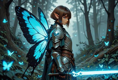 score_9_up, score_8_up, score_7_up, score_6_up. masterpiece, best quality, good quality, very aesthetic, absurdres, semirealism, fantasy, 8K, depth of field, focused subject, cowboy shot, Elf knight, 19yo, androgynous, pointed ears, short brown hair, male haircut, blue eyes, wearing detailed armor, wielding blue glowing sword, he is standing, sword resting against the ground, large white glowing butterfly wings on the knight's back, trees in background, hkvaloria