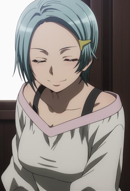  karuko hitomi, short hair, hairclip, blue hair, dress, off shoulder closed eyes half-closed eyes