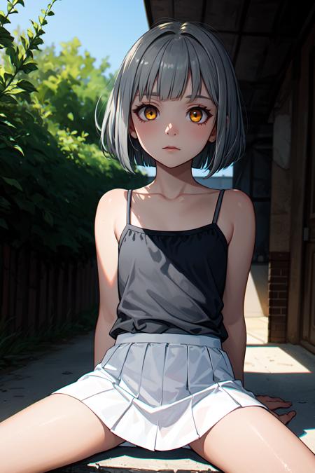 (masterpiece, best quality, SFW:1.2), evocative, decorations, colorgrading, bloom
BREAK
1girl, :/, looking at viewer, forehead, (cute, small, petite:1.2),  (dark late gray hair, bob cut:1.2), (golden eyes:1.2)
BREAK
( camisole, white microskirt, )
BREAK
vanishing point, spread legs
BREAK
outdoors, wasteland