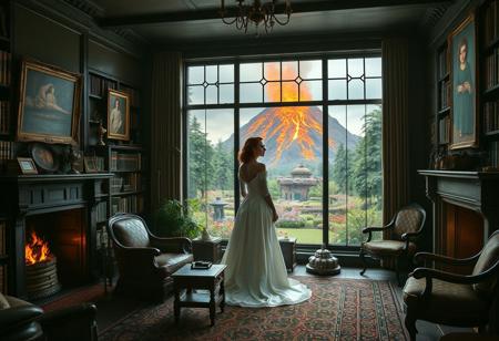 An old style 1800's library with old furniture, a large amount of books on shelves with an assortment of artifacts on shelves, some paintings on the wall, and a lit fireplace. There is a large wall sized window looking out into a beautiful garden with an erupting volcano background, the lava is almost to the window. In the middle of the room, a single red haired, green eyed woman in a white wedding dress is looking out the window crying.