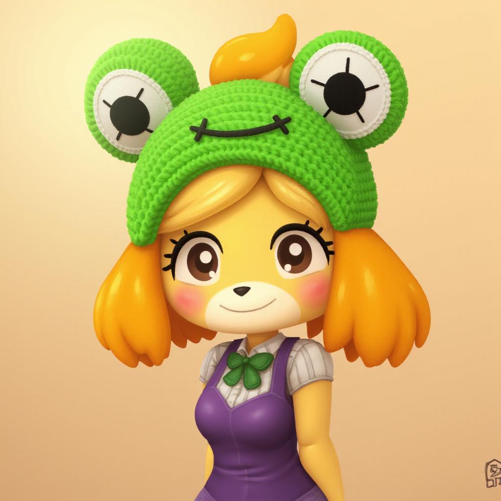 isabelle \(animal crossing\) wearing a crochet froggy hat <lora:Isabelle_FLUX_v1_E5:1> <lora:Froggy_Hat:1>