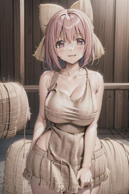 nakagawa kanon, large breasts, wide hips, smile, (burlap microdress), bare legs, pink hair, pink eyes, hair bow, <lora:Burlap V2:0.6>, <lora:Kanon V3:0.6>