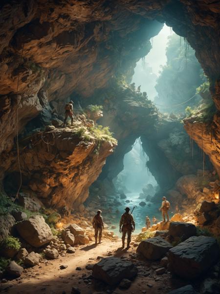 by Ivan Aivazovsky and Barbara Stauffacher Solomon, hyper realistic full view photo of  a (group of brave adventurers exploring a hidden treasure-filled cave guarded by ancient traps:1.1),  (cluttered , iconic , blank , sparkling , masterful:1.4), bold lines, hyper detailed, award winning, limited color palette, high contrast, depth of field, (intricate details, masterpiece, best quality:1.4)
dramatic cinematic lighting, film grain, looking at viewer, dynamic pose, wide angle panoramic view,
<lora:add-detail-xl:0.5> <lora:xl_more_art-full_v1:0.5> <lora:looking_at_viewer:2>
