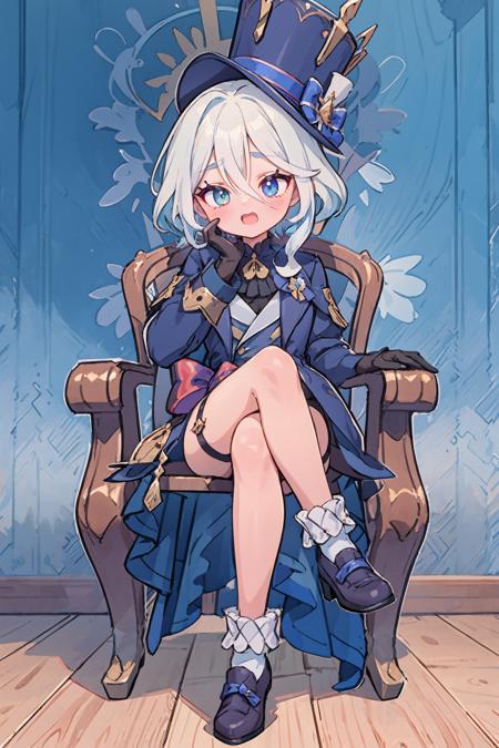 1girl, furina \(genshin impact\), heterochromia, mismatched gloves, top hat, blue jacket, short shorts, thigh strap, high heels, frilled socks, waist cape, looking at viewer, sitting, smug, open mouth, ojou-sama pose, crossed legs, throne, indoors,  <lora:Smug:1>, (extremely detailed CG unity 8k wallpaper,masterpiece, best quality, ultra-detailed, beautiful detailed eyes:1.2)