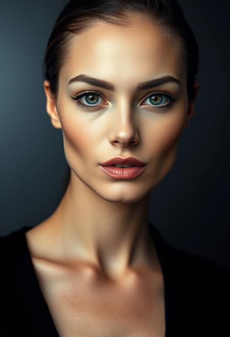 <lora:jana-defi:1>
 close-up, high-fashion portrait of a woman with striking eyes and a calm, confident expression, looking at the camera. She wears a sophisticated black outfit that exudes elegance and minimalism. The background is a smooth gradient of dark gray, enhancing the overall refined and contemporary aesthetic. The lighting is soft yet directional, highlighting her flawless complexion and subtle makeup, with a focus on her eyes and cheekbones. The mood of the portrait is polished, modern and artistic